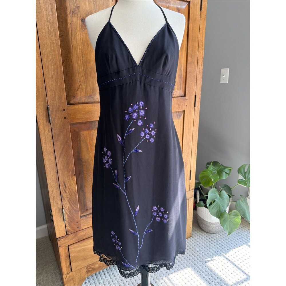 Vintage Adrianna Papell Black Silk Halter Whimsygoth Fairycore Dress Size 8